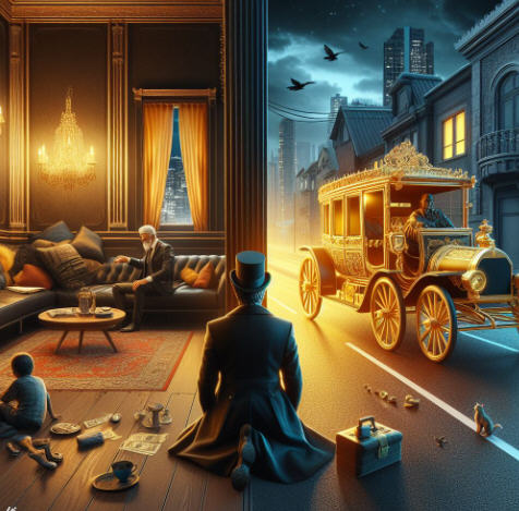 Contrasting scenes: a wealthy man in a lavish room and a man begging on the street with a passing golden carriage, illustrating the themes of 'Fortune's Gamble,' self-reliance, resilience, and redemption in family dynamics.
