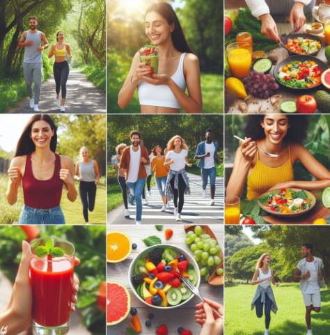 A group of diverse individuals engage in outdoor activities, such as walking and socializing in a park, surrounded by vibrant greenery and healthy foods.