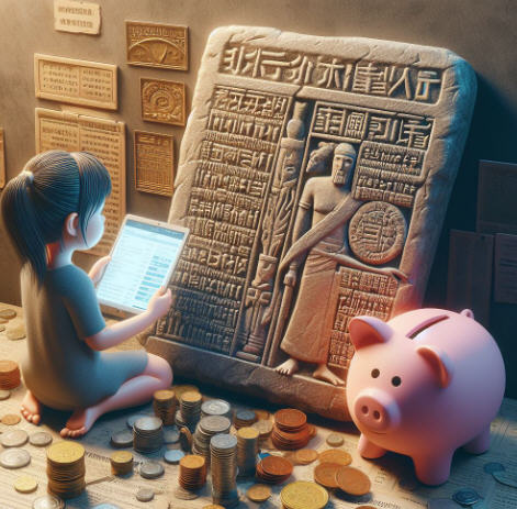 Ancient Babylonian tablet inscribed with financial principles next to modern coins and a child's piggy bank, symbolizing the timeless wisdom of 'The Richest Man in Babylon' guiding a young girl's financial journey.