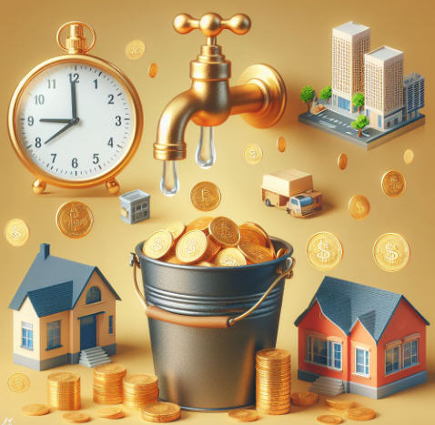 Golden tap pouring coins into overflowing bucket surrounded by images of investment properties, small business, and clock ticking, representing earning more than you spend and the compound effect for wealth accumulation.