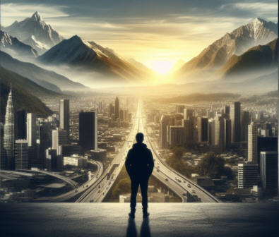 A lone figure stands on the outskirts of a city, looking out at towering mountains in the distance, representing the transition from urban routine to wilderness adventure in 'Embracing the Journey: A Tale of Transformation.