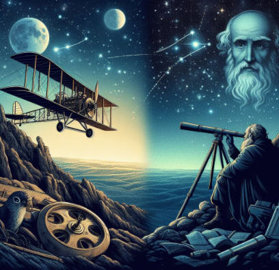 The Wright brothers' Flyer in flight above a rugged landscape, with Galileo Galilei observing the stars through a telescope. Symbolic representation of perseverance and discovery.