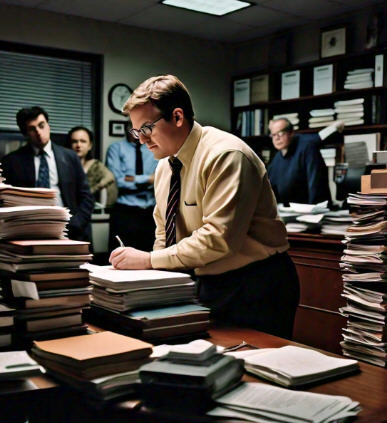 Determined man working late in office surrounded by books and documents, symbolizing transformation from dissatisfaction to success through learning and perseverance.