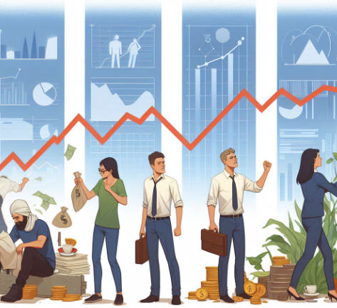 Four groups of people: struggling, surviving, working in white-collar jobs, and achieving great success, with charts and graphs in the background showing the impact of goal setting and long-term planning.