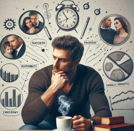 A man in his 40s sitting with a cup of coffee, reflecting on life lessons, surrounded by symbols like a book, clock, sales graph, family photo, and a crossed-out cigarette.