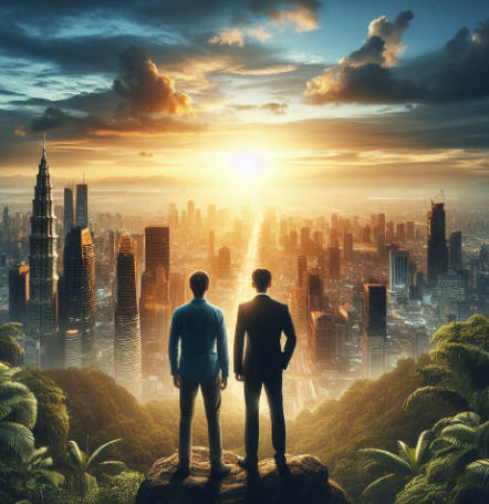 Two brothers, one overlooking a city skyline and the other amidst tropical landscapes, symbolizing resilience and triumph over adversity.