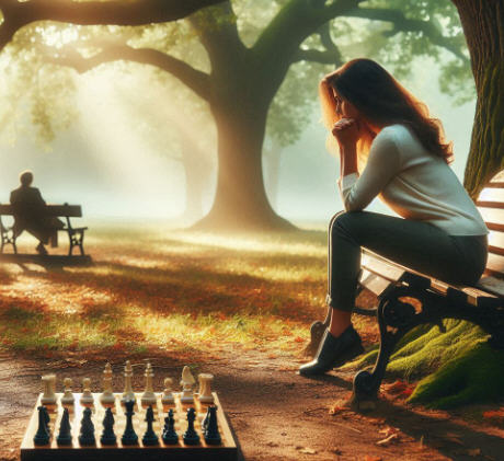 A woman sits on a park bench under an oak tree, reflecting deeply with a chessboard nearby, symbolizing strategic thinking and life planning.