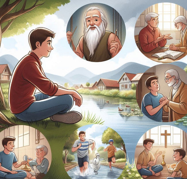 A young man named Sam sits by a village pond, listening to an old wise man. Scenes show Sam happily playing sports, engaging in hobbies, praying, and being with supportive friends, highlighting his journey to self-love and happiness.