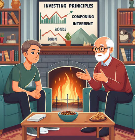 Young man named Alex sitting by a fireplace with an older mentor discussing investing principles, with scenes of stocks, bonds, and financial growth illustrated around them.