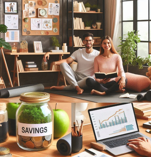 A cozy home office with a reading nook, a book on financial wisdom, a jar labeled savings, healthy food, and a yoga mat. A couple happily discussing finances, a laptop with investment charts, and a vision board with goals, symbolizing financial security and healthy living.