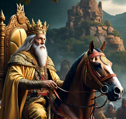 A wise king on a throne hands a majestic horse to an envoy. In the background, a peaceful kingdom is visible. Later, the same king leads an army in a surprise attack on an unprepared enemy kingdom.